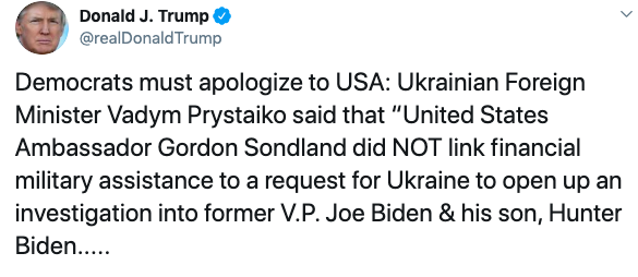 Трамп закликав демократів вибачитися за процес імпічменту